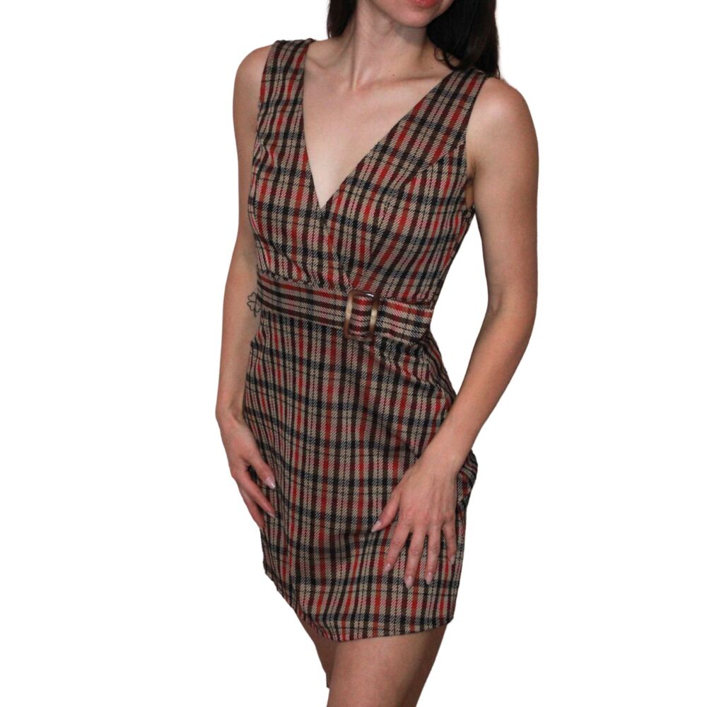 B. Darlin Plaid Belted V Neck Mini Dress